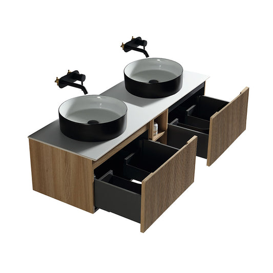 Tailored Bathrooms Flauto Wall Hung Double 1400mm Vanity Unit with Storage Box and Sintered Stone Counter Top (1 size, 4 colours) - Brand New Bathrooms