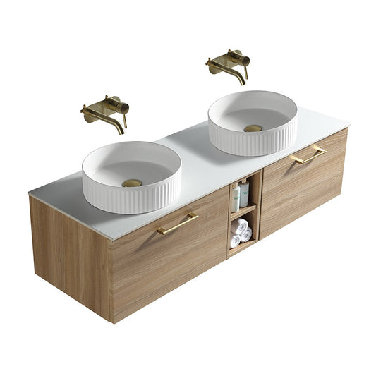 Tailored Bathrooms Piatta Wall Hung 1400mm Double Vanity Unit with Centre Storage and Sintered Stone Counter Top (1 size, 4 colours) - Brand New Bathrooms