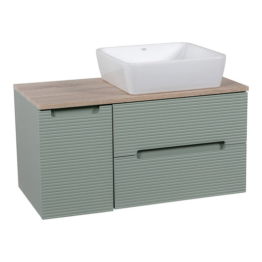 Tailored Bathrooms Monza Plus Fluted Wall Hung 900mm Vanity Unit with Side Cabinet & Counter Top (1 size, Aloe Green/Country Oak) - Brand New Bathrooms
