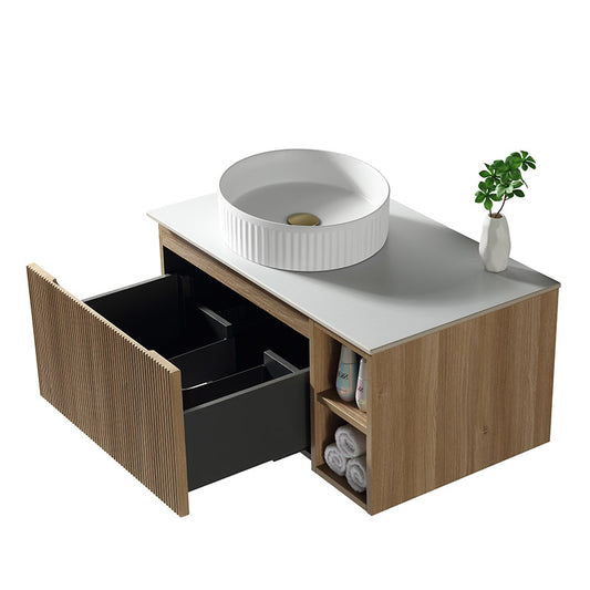 Tailored Bathrooms Flauto Wall Hung 800mm Vanity with Side Storage & Left Hand Sintered Stone Counter Top (1 size, 4 colours) - Brand New Bathrooms