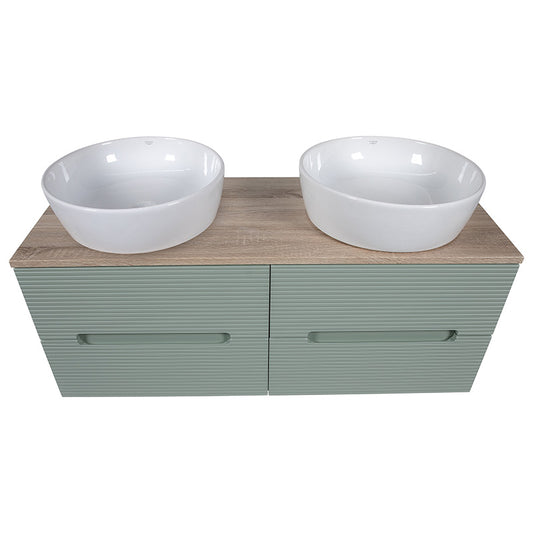 Tailored Bathrooms Monza Plus Fluted Wall Hung 1200mm Double Vanity Unit with Counter Top (1 size, Aloe Green/Country Oak) - Brand New Bathrooms