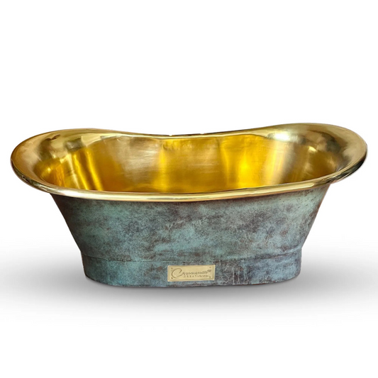 Coppersmith Creations Straight Base Brass Bathtub (1 size, Blue Green Patina Exterior, Polished Brass Interior) - Brand New Bathrooms