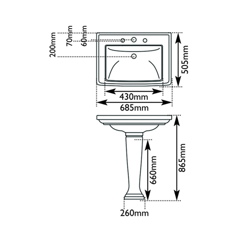 Hurlingham Chichester Large Ceramic Wash Basin with Pedestal (1 size, 2 styles, White) - Brand New Bathrooms