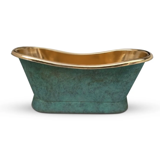 Coppersmith Creations Slanting Base Brass Bathtub (1 size, Polished Brass Interior, Blue/Green Patina Exterior) - Brand New Bathrooms