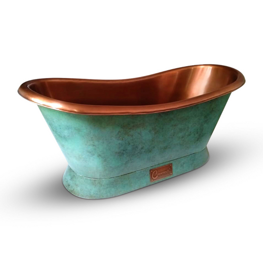 Coppersmith Creations Slanting Base Copper Bathtub (1 size, Blue-Green Patina Exterior) - Brand New Bathrooms
