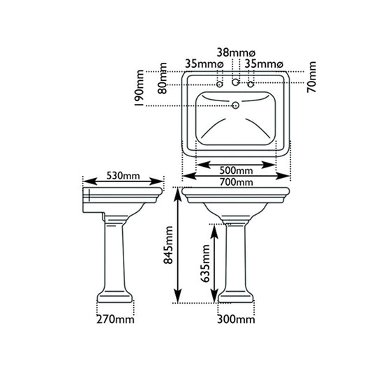 Hurlingham Hampton Large Ceramic Wash Basin (1 size, 2 styles, White) Basin Only - Brand New Bathrooms