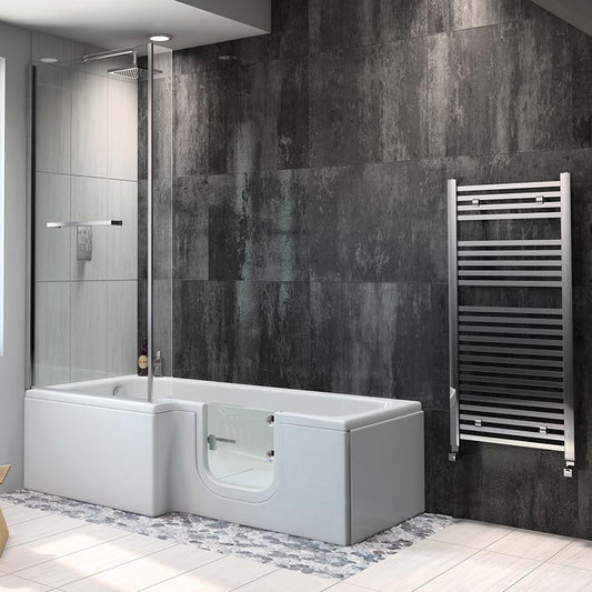 Mantaleda Larimar L-Shaped Shower Bathtub & Bath Screen (1 size, 2 styles, White) - Brand New Bathrooms