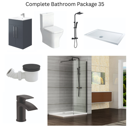 Giavani Bathrooms Complete Walk-In Shower Suite with 1700mm Shower Tray, Black Brassware & Vanity Unit (3 colours)