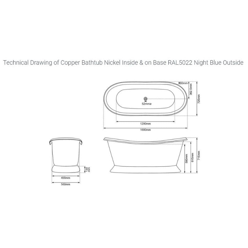 Coppersmith Creations Slanting Base Copper Bathtub (1 size, Nickel Interior, Night Blue Exterior) - Brand New Bathrooms