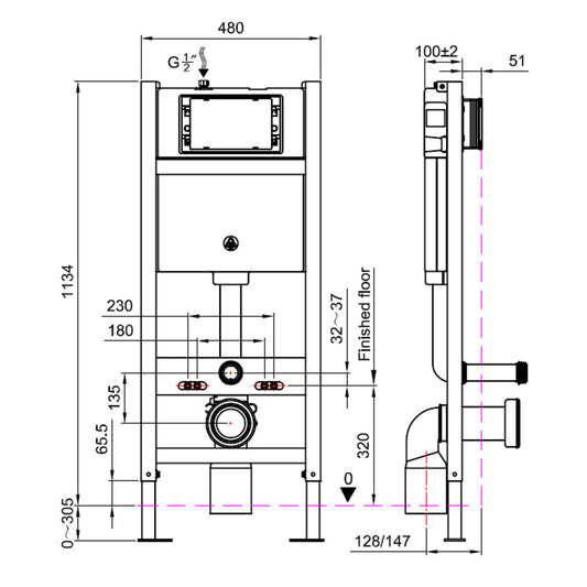 Tailored Bathrooms Toilet Frame & Pneumatic Cistern for Wall Hung Toilet (Chrome) - Brand New Bathrooms