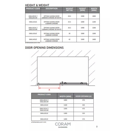Coram Showers Optima 6 Sliding Shower Door (5 sizes, Chrome) - Brand New Bathrooms