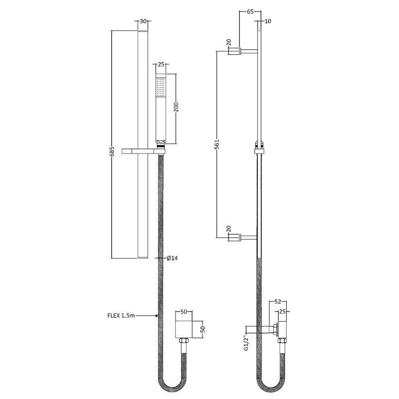 Nuie Shower Kits Square Slider Rail Kit with Elbow (1 size, 4 colours) - Brand New Bathrooms
