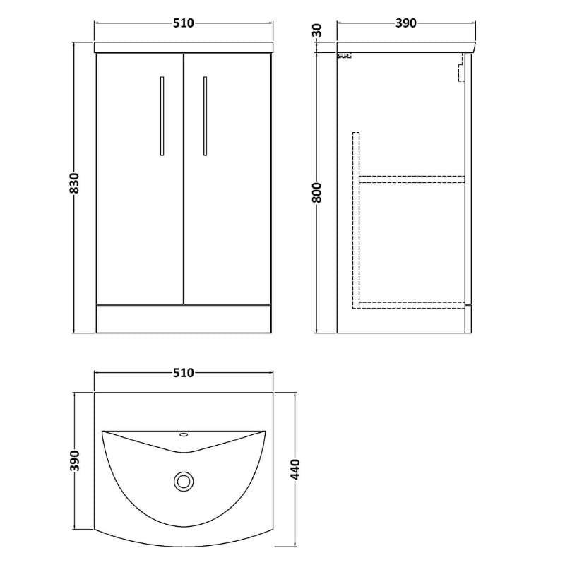 Nuie Arno Floor Standing 2-Door Vanity & Curved Basin (1 size, 9 colours) - Brand New Bathrooms
