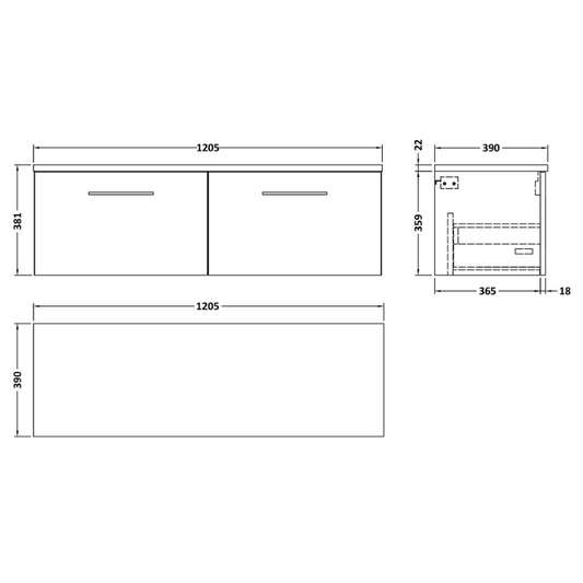 Nuie Arno 1200mm Wall Hung 2-Drawer Vanity & Laminate Worktop (1 size, Satin Grey) - Brand New Bathrooms