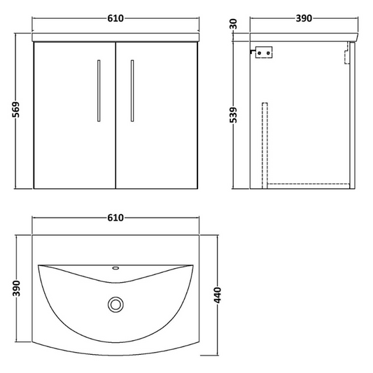 Nuie Arno Wall Hung 2 Door Vanity & Curved Ceramic Basin 4 (1 size, Satin Grey) - Brand New Bathrooms