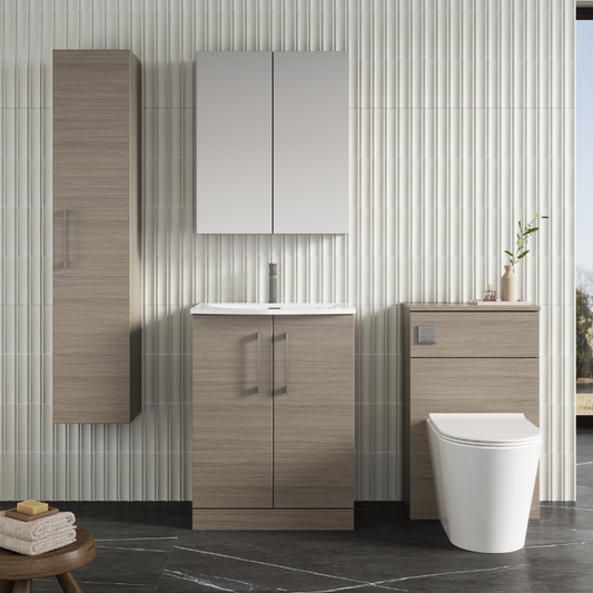 Nuie Arno 600mm Floor Standing 2-Door Vanity & Curved Basin (1 size, Solace Oak) - Brand New Bathrooms