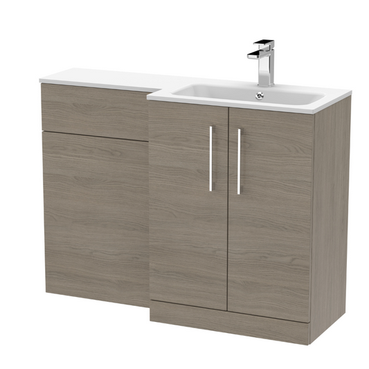 Nuie Arno Floor Standing 1100mm Left Hand Combination Vanity Unit (1 size, 2 style, Solace Oak) - Brand New Bathrooms