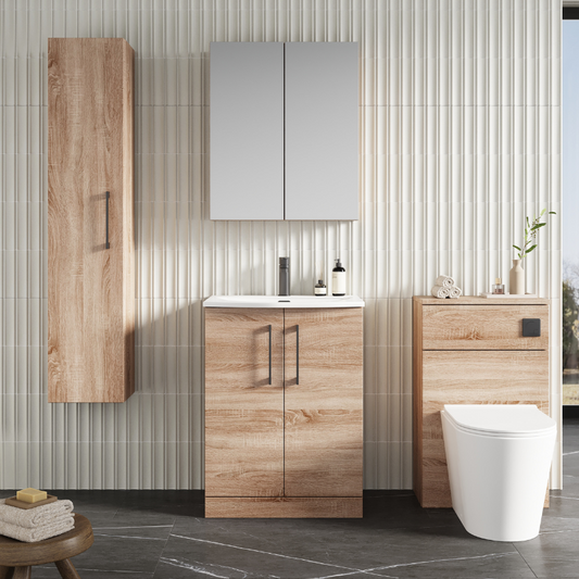 Nuie Arno 600mm Floor Standing 2-Door Vanity & Basin 4 (1 size, Bleached Oak) - Brand New Bathrooms