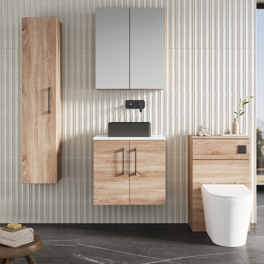 Nuie Arno 600mm Wall Hung 2-Door Vanity & Laminate Worktop (1 size, Bleached Oak) - Brand New Bathrooms