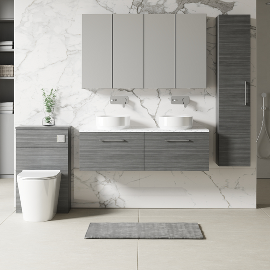 Nuie Arno 1200mm Wall Hung 2-Drawer Vanity & Laminate Worktop (1 size, Anthracite Woodgrain) - Brand New Bathrooms