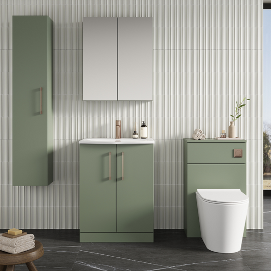 Nuie Arno 600mm Floor Standing 2-Door Vanity & Curved Basin 4 (1 size, Satin Green) - Brand New Bathrooms