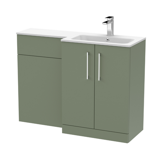 Nuie Arno Floor Standing 1100mm Left Hand Combination Vanity Unit (1 size, 2 style, Satin Green) - Brand New Bathrooms