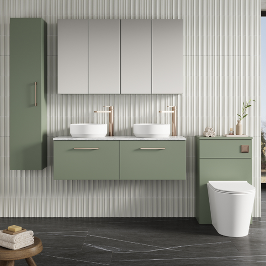 Nuie Arno 1200mm Wall Hung 2-Drawer Vanity & Laminate Worktop (1 size, Satin Green) - Brand New Bathrooms
