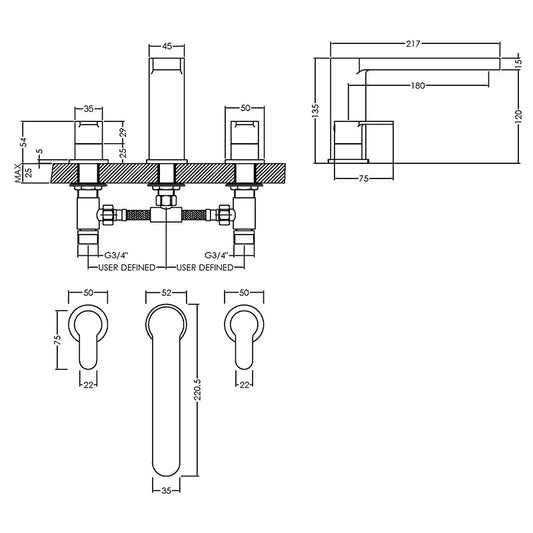 Nuie Arvan Deck Mounted 3 Tap Hole Bath Filler (Chrome) - Brandnew Bathroom