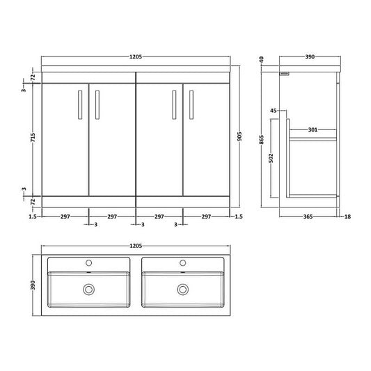 Nuie Athena Floor Standing 4 Door Vanity With Twin Basin (1 size, Gloss White) - Brand New Bathrooms