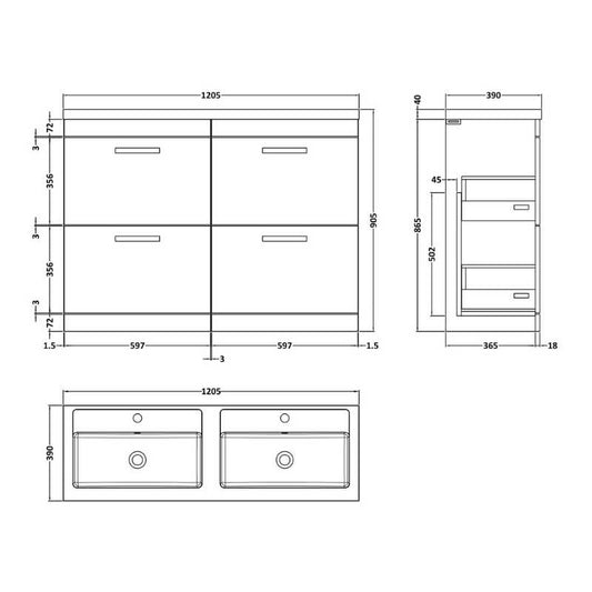 Nuie Athena Floor Standing 4 Drawer Vanity With Twin Basin (1 size, 2 colours) - Brand New Bathrooms