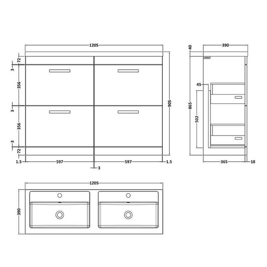 Nuie Athena Floor Standing 4 Drawer Vanity With Twin Polymarble Basin (1 size, Gloss White) - Brand New Bathrooms