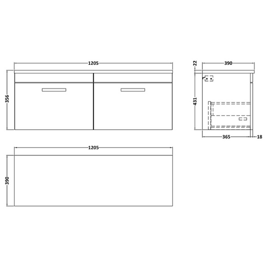 Nuie Athena 1200mm Wall Hung 2-Drawer Vanity & Laminate Worktop (1 size, Charcoal Black) - Brand New Bathrooms