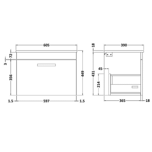 Nuie Athena Wall Hung Single Drawer Vanity With Worktop (1 size, Gloss White) - Brand New Bathrooms