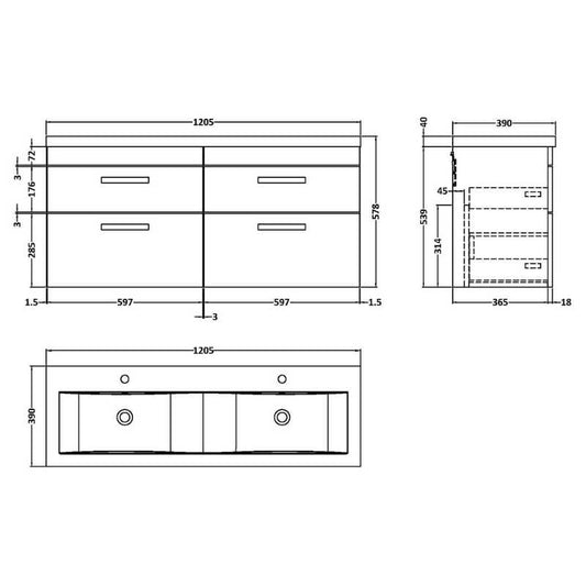 Nuie Athena Wall Hung Cabinet With Double Ceramic Basin (1 size, Gloss White) - Brand New Bathrooms