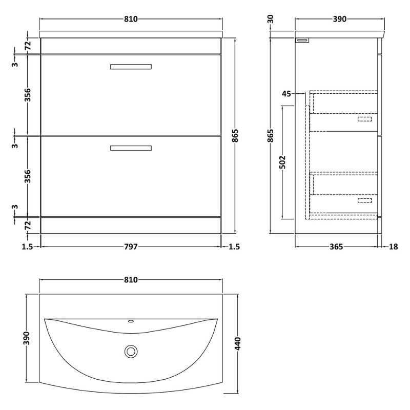 Nuie Athena 800mm Floor Standing 2 Drawer Vanity With Curved 1 Tap Hole Basin (1 size, 3 colours) - Brand New Bathrooms