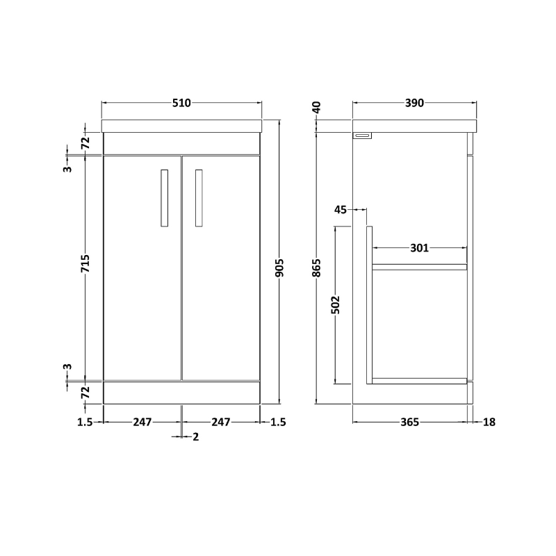 Nuie Athena 500mm Floor Standing 2 Door Vanity With Mid-Edge 1 Tap Hole Basin (1 size, Gloss Grey) - Brand New Bathrooms