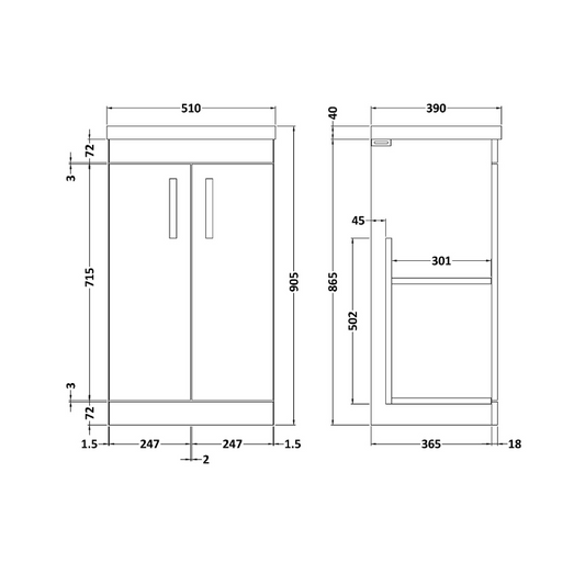 Nuie Athena 500mm Floor Standing 2 Door Vanity With Mid-Edge 1 Tap Hole Basin (1 size, Gloss Grey) - Brand New Bathrooms