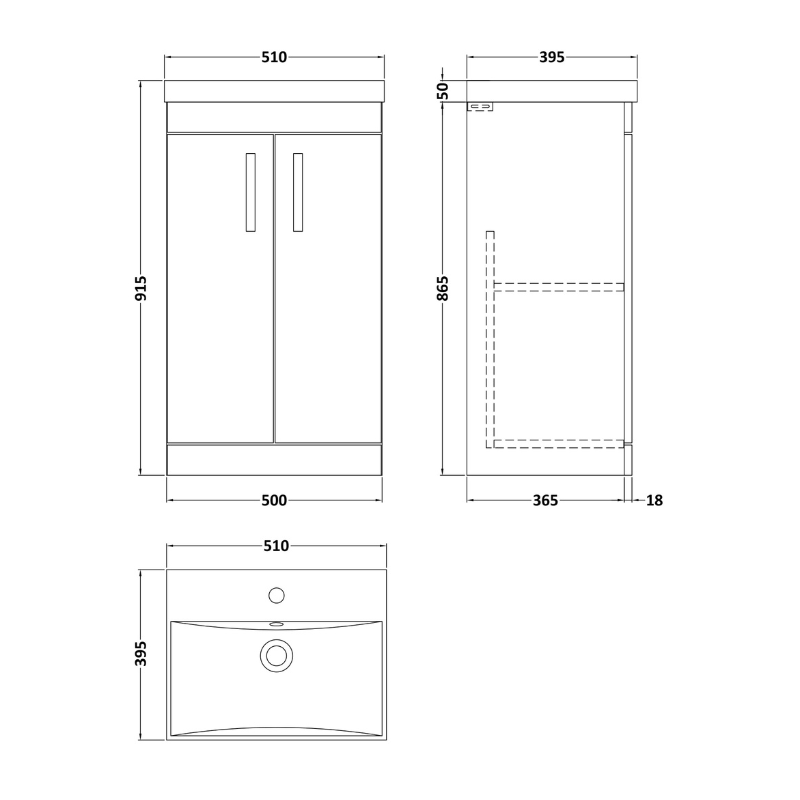 Nuie Athena 500mm Floor Standing 2 Door Vanity With Thin-Edge 1 Tap Hole Basin 3 (1 size, Gloss Grey) - Brand New Bathrooms
