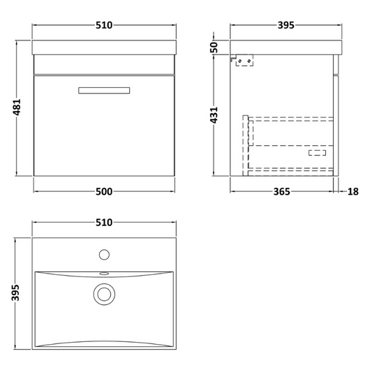Nuie Athena 500mm Wall Hung Single Drawer Vanity With Thin-Edge 1 Tap Hole Basin (1 size, Gloss Grey) - Brand New Bathrooms