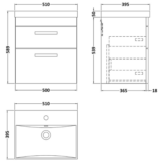 Nuie Athena 500mm Wall Hung 2 Drawer Vanity With Thin-Edge 1 Tap Hole Basin (1 size, Gloss Grey) - Brand New Bathrooms