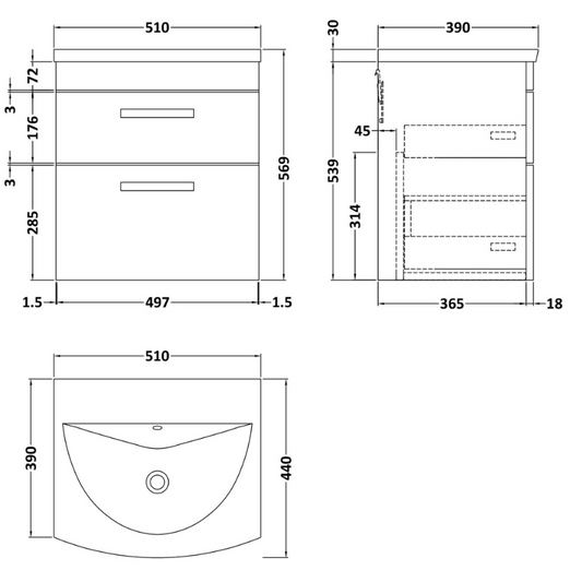 Nuie Athena 500mm Wall Hung 2 Drawer Vanity With Curved 1 Tap Hole Basin (1 size, Gloss Grey) - Brand New Bathrooms