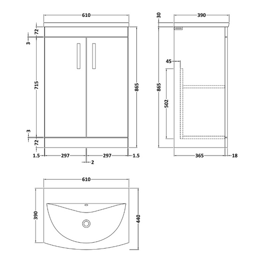 Nuie Athena 600mm Floor Standing 2 Door Vanity With Curved 1 Tap Hole Basin (1 size, Gloss Grey) - Brand New Bathrooms