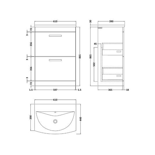 Nuie Athena 600mm Floor Standing 2 Drawer Vanity With Curved 1 Tap Hole Basin (1 size, Gloss Grey) - Brand New Bathrooms