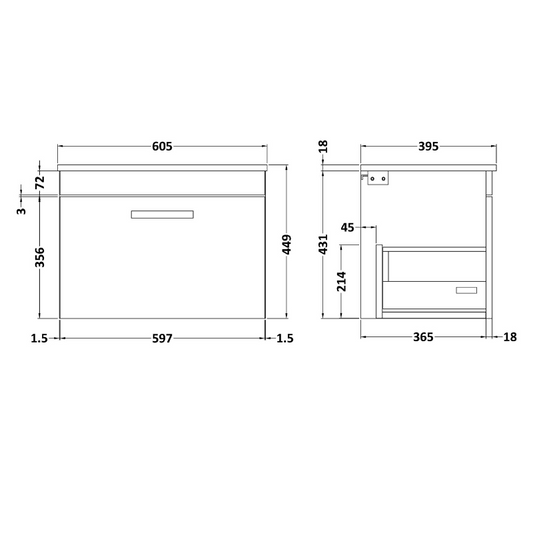 Nuie Athena 600mm Wall Hung Single Drawer Vanity With Minimalist 1 Tap Hole Basin (1 size, Gloss Grey) - Brand New Bathrooms