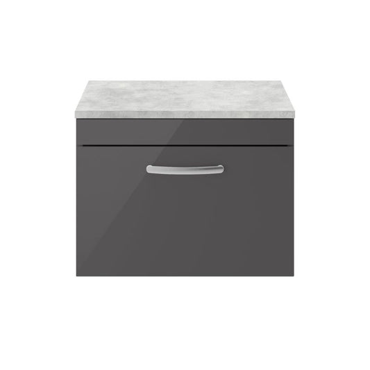 Nuie Athena Wall Hung Single Drawer Vanity With Worktop (2 size, Gloss Grey) - Brand New Bathrooms