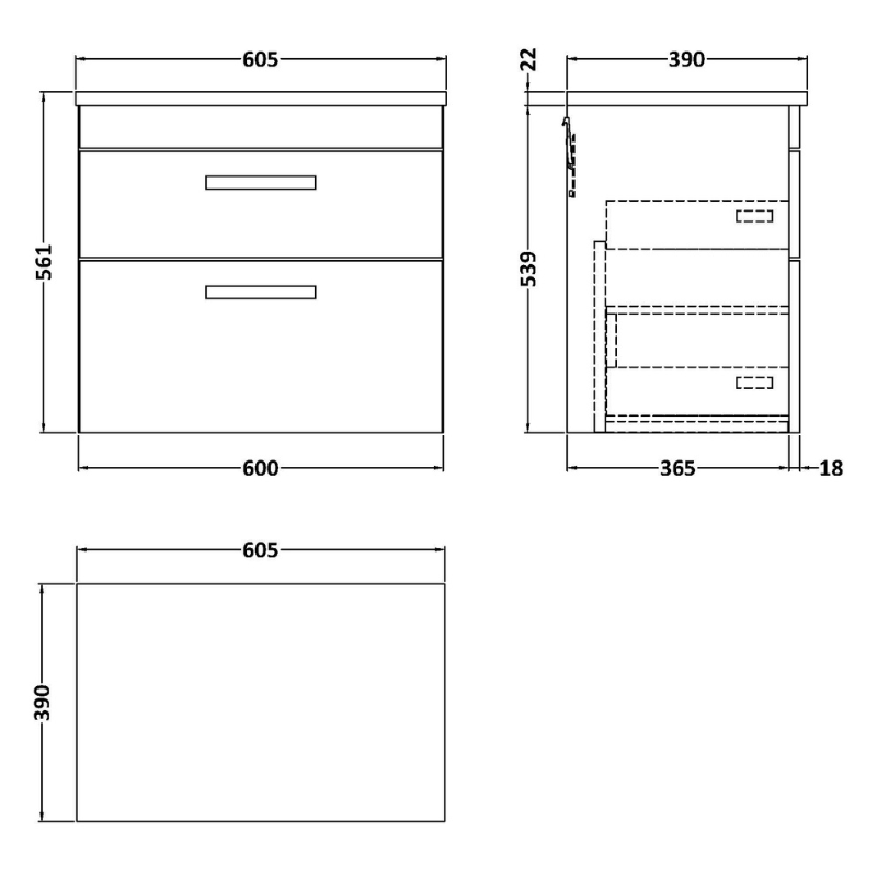Nuie Athena 600mm Wall Hung 2-Drawer Unit & Laminate Worktop (1 size, Gloss Grey) - Brand New Bathrooms