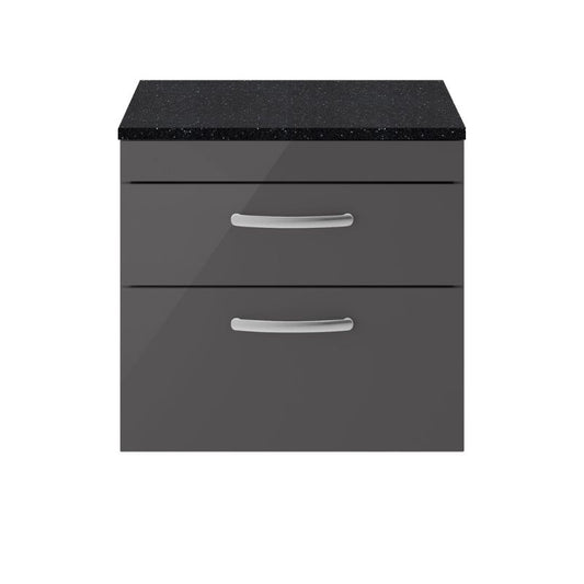 Nuie Athena Wall Hung 2 Drawer Vanity With Worktop (2 sizes, Gloss Grey) - Brand New Bathrooms