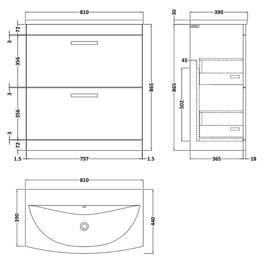 Nuie Athena 800mm Floor Standing 2 Drawer Vanity With Curved 1 Tap Hole Basin (1 size, Gloss Grey) - Brand New Bathrooms