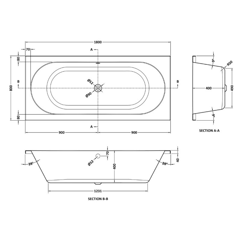 Nuie Otley Eternalite Round Double Ended Straight Shower Bath (2 sizes, White) - Brand New Bathrooms
