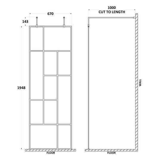 Nuie Abstract Frame Wetroom Screen with Support Bars (Matt Black, 4 sizes) - Brandnew Bathroom